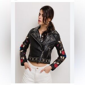Romeo and Juliet Couture floral embroidered moto jacket